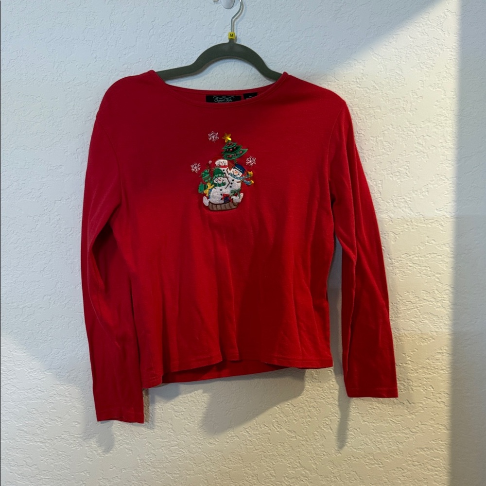 ❤️🔥EUC Crystal Kobe Red Long Sleeve Festive Christmas Snowman Santa Long Sleeve
